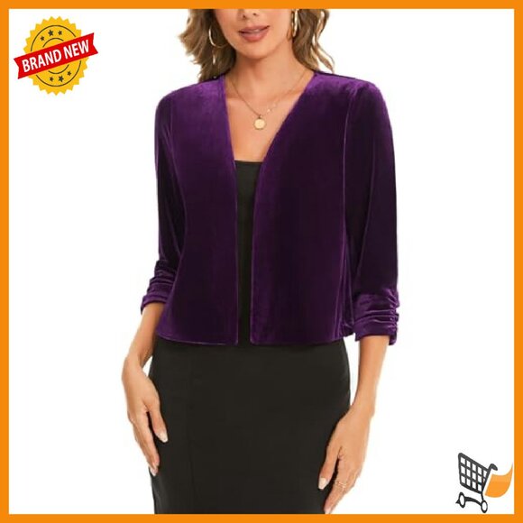 Velvet Cropped Cardigan Shrug 3/4 Sleeve Open Front Cocktail Party Top - Picture 3 of 8